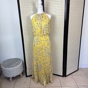 Sandra Darren Yellow Floral Pleated Maxi Dress Sz 8 — Garden Party Cottagecore